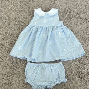 Starting Out Blue Seersucker Embroidered Boat Two Piece Collared Bubble Romper